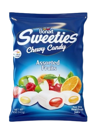 [14450] Sweeties Chewy Candy Assorted Fruits Bag 24 x 142g JM Bonart 